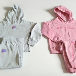 Lot of 2 Girls Hoodie Jogger Sets Under Armour Gray Sz 5 + Champion Pink Size 6